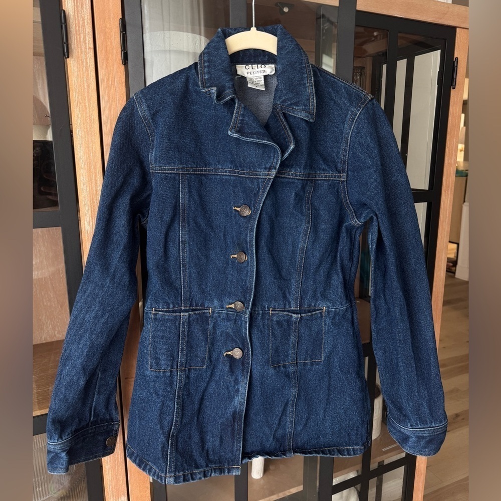 Vintage CLIO petites denim jacket coat collar button fitted long line dark wash